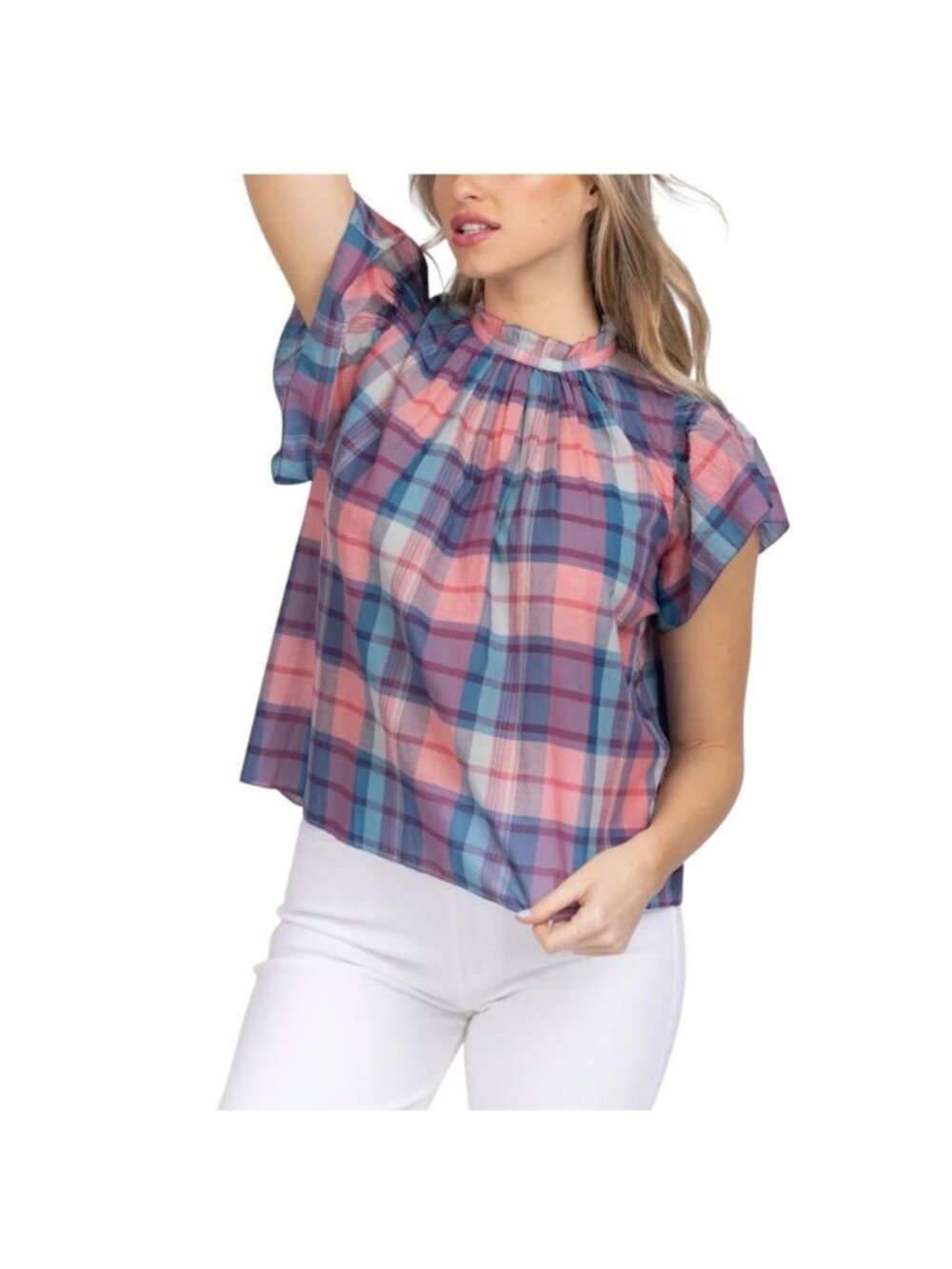Trovata Birds Of Paradise Carla High Neck Small Sorbetto Plaid Flutter Sleeve